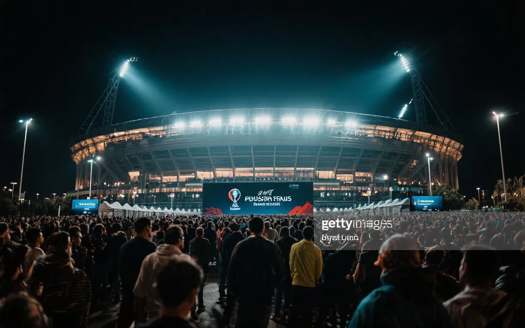 大型足球场外的人流与夜间灯光，呈现世界杯淘汰赛阶段的紧张与热烈
