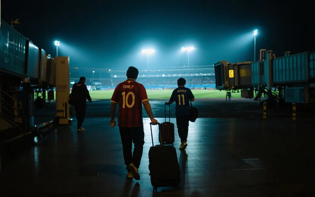 球迷拖着行李穿过机场走向球场的电影感场景