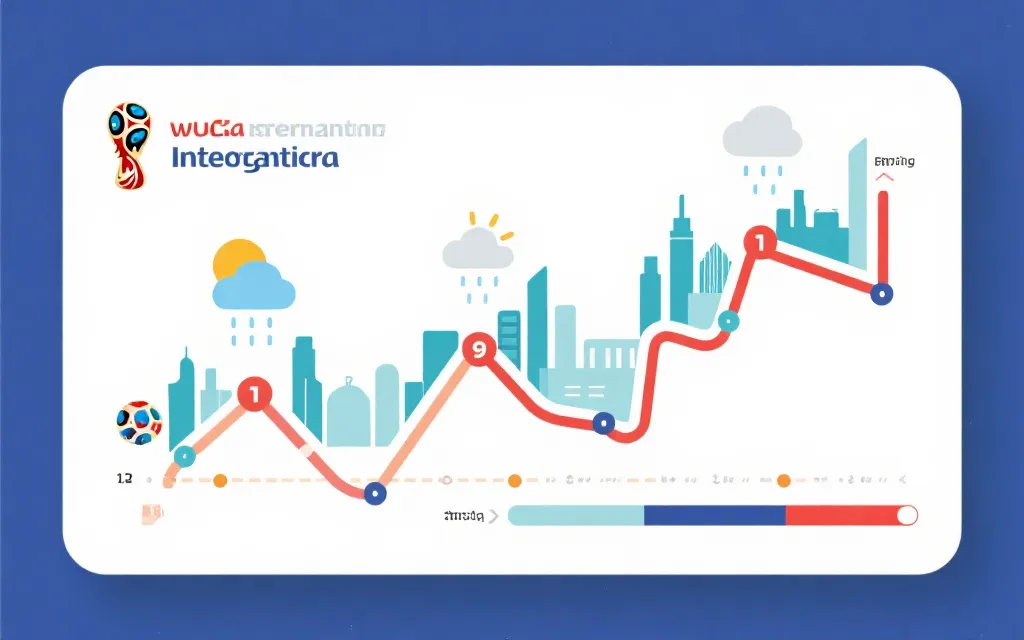 不同淘汰赛阶段的赛程密度与旅行线路示意图，配合天气图标与体能条